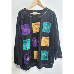 VTG Just Class Top Size 1X Black/ Velour Long Sleeve 100% Cotton Boho